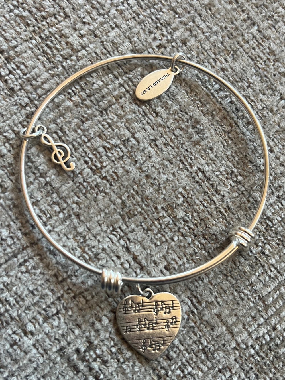 Sterling Silver Tone Music Note Heart Charm Bangle